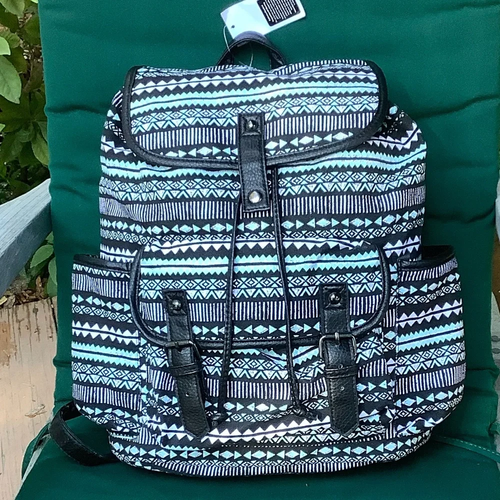 Backpack Mint Green Print Black Trim Side Pockets Drawstring Top New